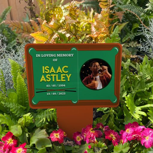 Snooker Table background with your chosen image inserted in a circle memorial stake inserted in flower bed surrounded by colourful flowers in the garden
